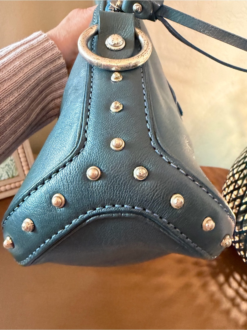 Michael Kors Vintage East West Teal Leather Shoulder Bag with Studded Zip Pocket - Picture 14 of 15